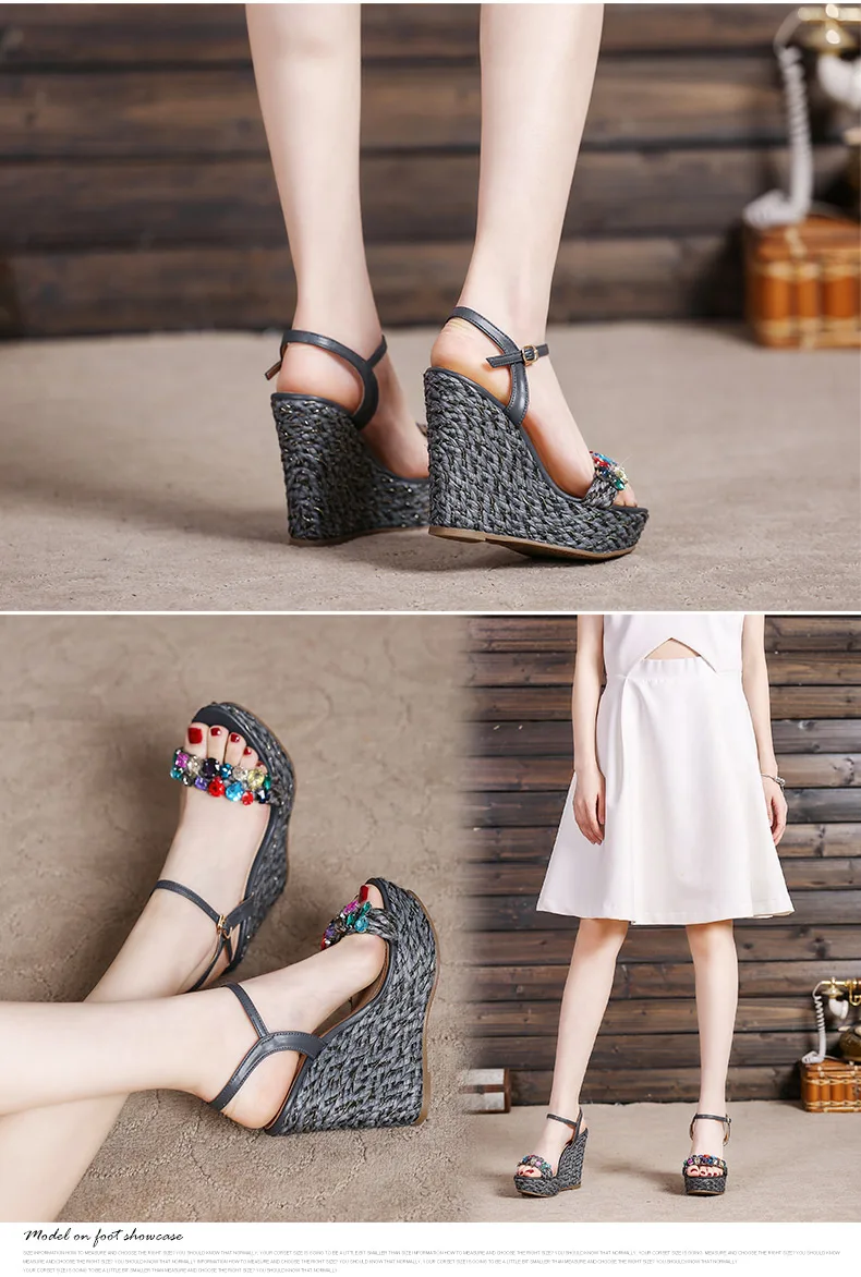 14_Summer Womens Black Buckle Sandals Fashion Elegant Silver Rhinestone Shoes Wedding Bridal High Heel Platform Wedges