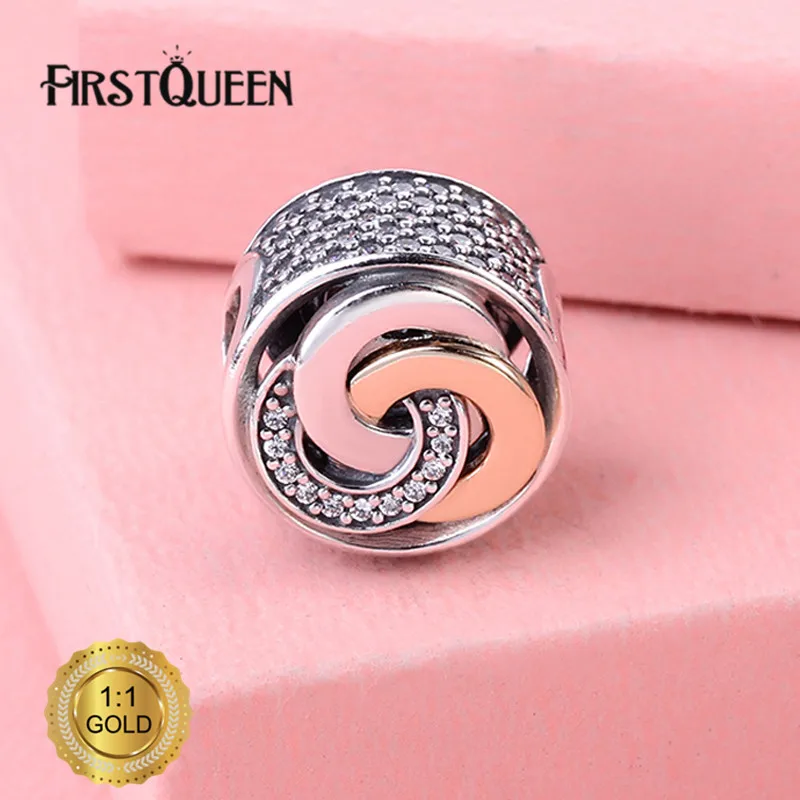 

FirstQueen 925 Sterling silver&14k Gold Interlinked Circles, Clear CZ Charm Fit Bracelet Christmas DIY Gift Fine Jewelry