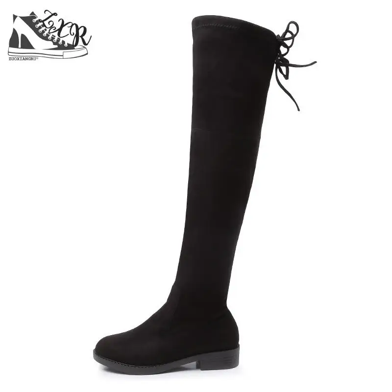 over the knee low heel boots