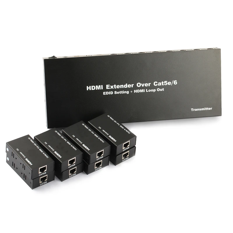 

TreasLin 1X8 HDMI Extender Over Cat5 Cat6 Up to 196FT 1080P 1 Transmitter to 4 Receiver for TV Camera DVR No Net Switch Required