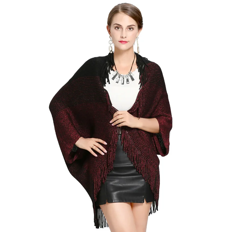 SC230 2018 Oversize Cape Winter Knitted Loose Striped Poncho Women Cardigans Female Short Sleeves Vintage Tassel Long Sweater
