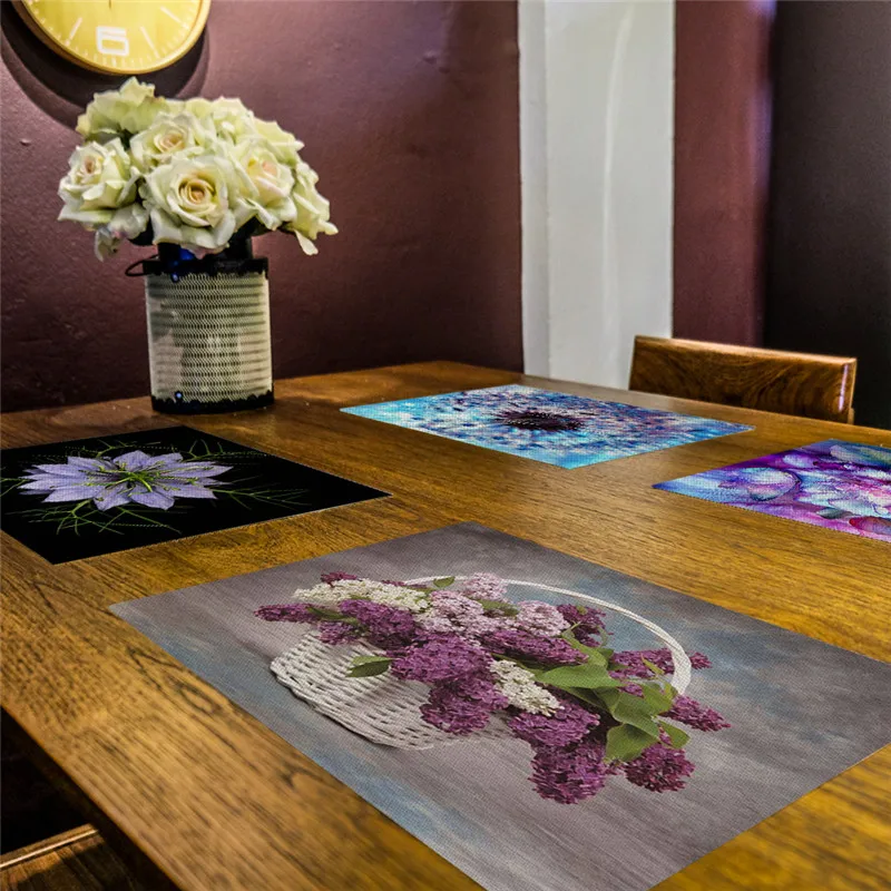 

1Pcs Flower Pattern Placemat Dining Table Mat Drink Coaster Cotton Linen Pads Bowl Cup Mats Kitchen Accessories Drink Coasters
