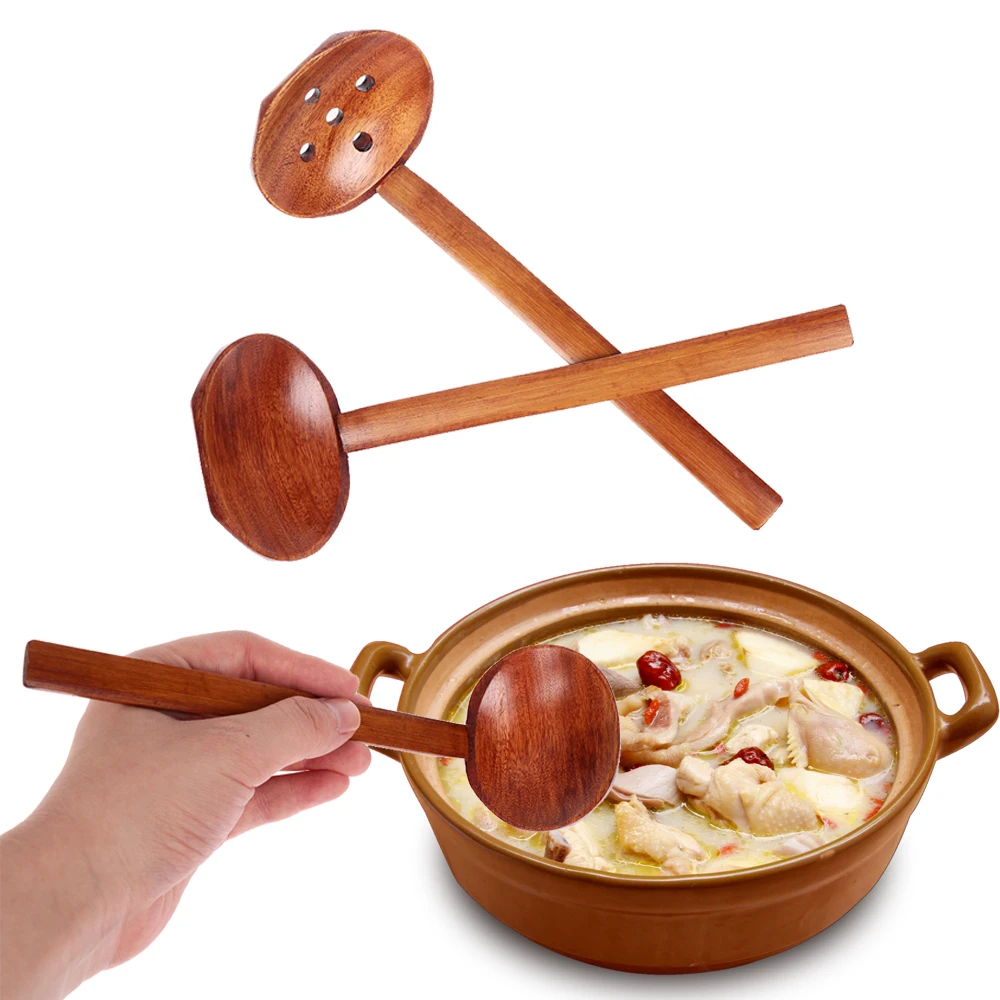 New Large Long Handle Wooden Spoon Colander Ramen Rice Soup Scoops