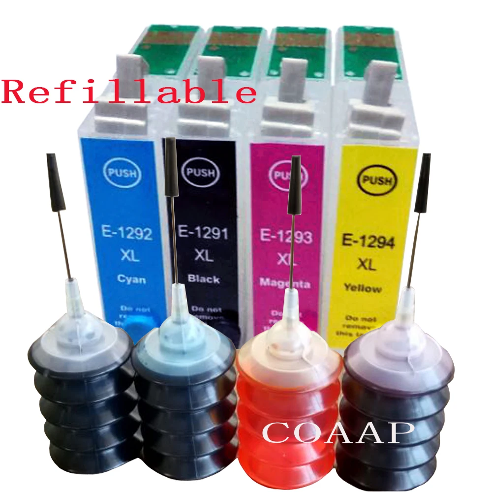 

4Pack Refillable T1291 - T1294 Empty cartridge + 120ML Dye ink for WorkForce WF-3010DW WF-3520DWF WF-3530DTWF WF-3540DTWF