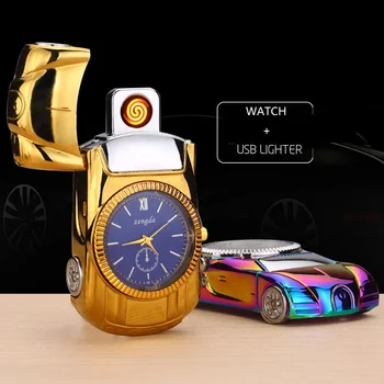 

2-in-1 Elegent USB Lighter Metal Electric Watch Sports Car Windproof Lighter No Gas Smoker Cigarettes Gift 1pc