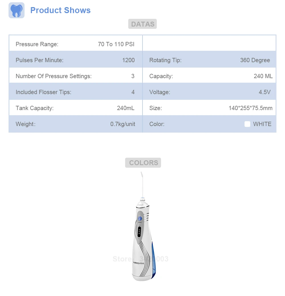 Waterpulse V400P с бесплатным мешок портативный ирригатор Стоматологическая воды Flosser 240 мл Ирригатор для полости рта с 4 советы белый зубные Flosser