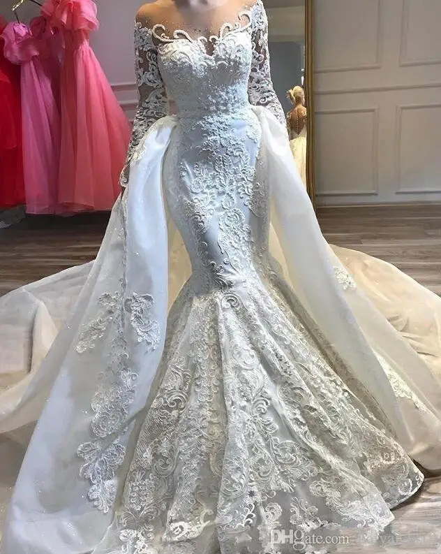 

2019 New Sexy Mermaid Wedding Dresses Sheer Jewel Neck Lace Appliques Beads Illusion Long Sleeves Plus Size Custom Overskirts