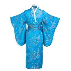 Голубое озеро японские Для женщин традиционный Шелковый кимоно с Оби Винтаж вечернее платье Производительность платье для танцев Косплэй