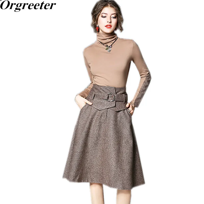 

Orgreeter Runway Designer 2018 Spring New Women Tweed Patchwork Sets Women's Turtleneck Blouse and A-line Skirt OL Suit