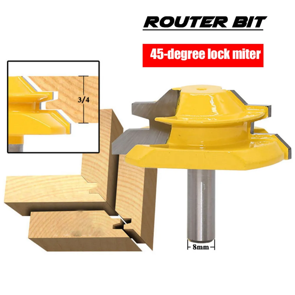 

1Pc 8mm Shank Medium Lock Miter Router Bit - 45 Degree - 3/4" Stock Woodworking Milling Cutter/Milling Tools /Carbide End RCT