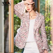 Брендовая роскошная женская шерстяная куртка, приталенный твидовый шикарный пиджак с расклешенными рукавами, женская элегантная однобортная верхняя одежда с воротником с лацканами