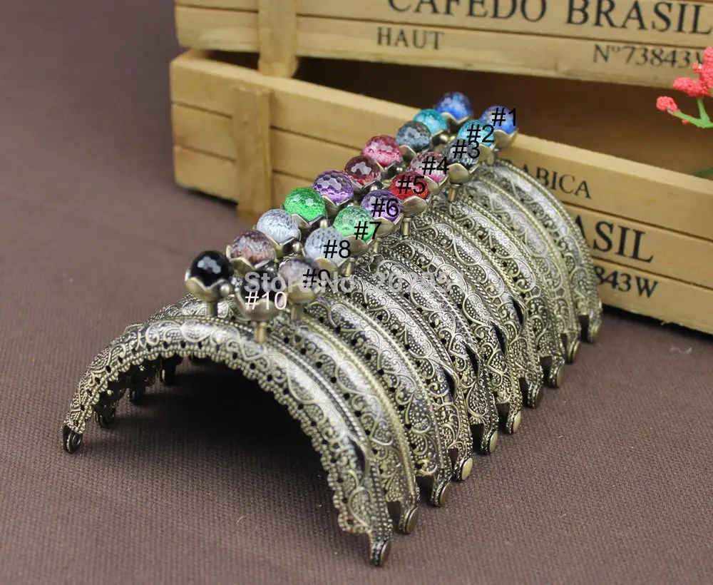 20PCS/LOT 8.5cm Colorful crystal bead Metal Purse Frame semicircle antique bronze brass lace