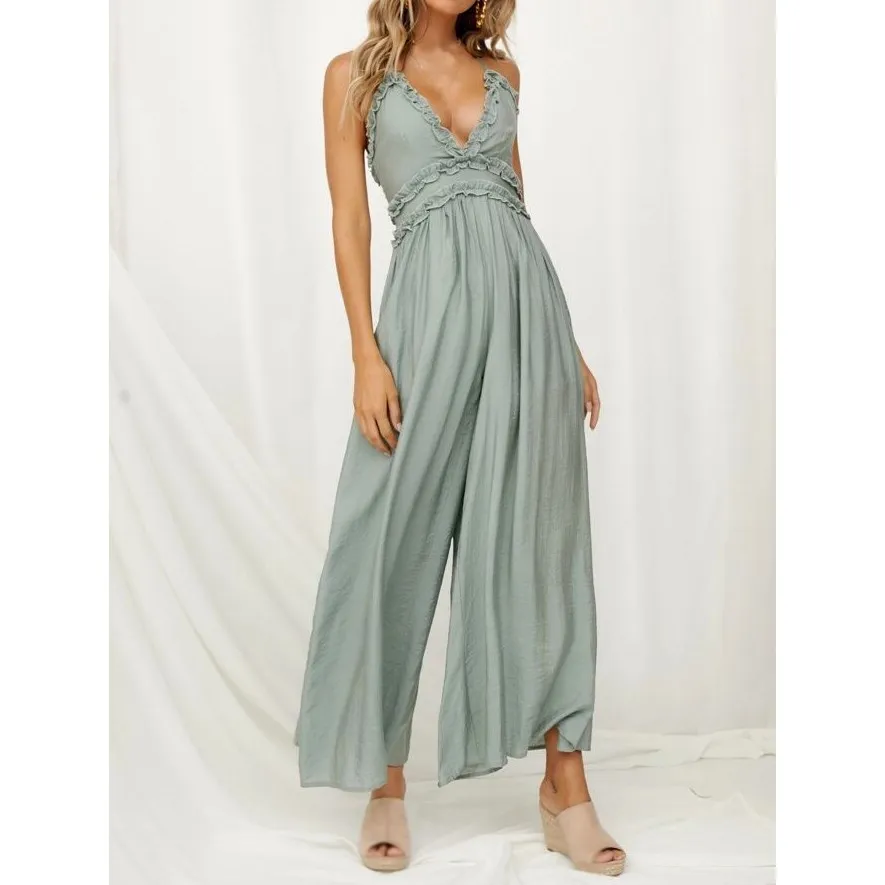 

2019 Sexy Women Backless Jumpsuit Elegant Spaghetti Straps Ruffled Jumpsuit Romper Female Deep V Neck Wide Leg Overalls