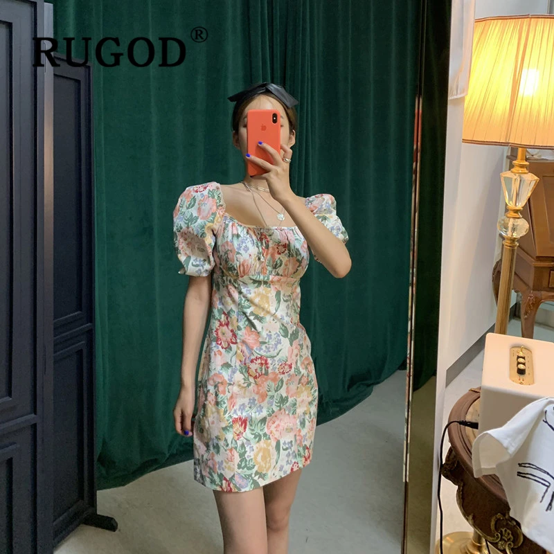 RUGOD/винтажное женское мини-платье с цветочным принтом в Корейском стиле; Шикарный квадратный воротник; офисные женские платья; vestidos; модное повседневное тонкое платье