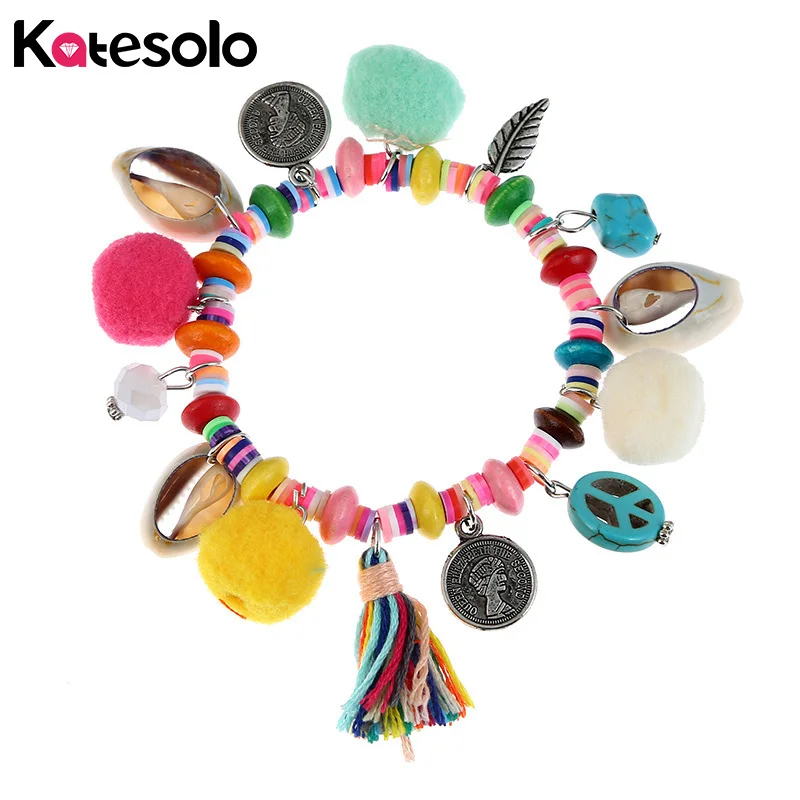 

Bohemia Charm Ethnic Shell bracelets for women Resin bead tassel bracelets & bangles multi color pom bracelet wristband jewelry