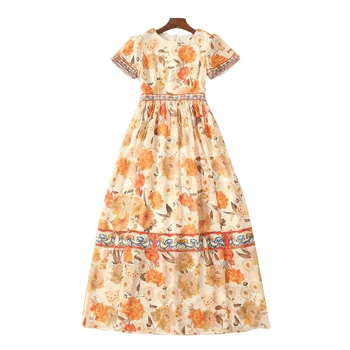 

Women Dress 2019 High Quality Runway O-neck Short Sleeve High-Waist Printed Big Swing Dresses NPD0490M