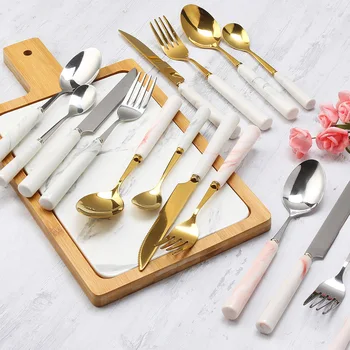 

4PC Creative Marble ceramics Handle Tableware Stainless Steel Western Steak Dessert Fruit Noodle Ice Cream Kitchen Cutlery Set