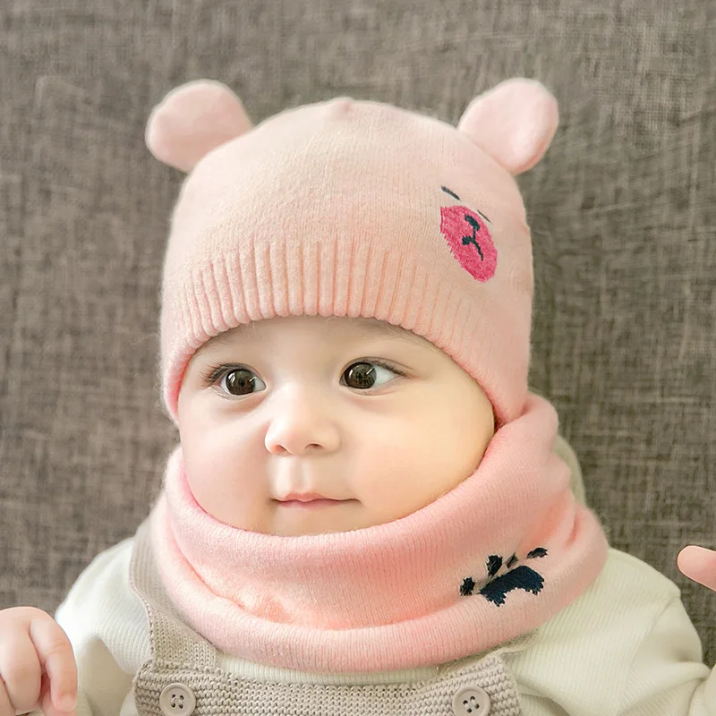 2 шт./компл. модные шапки для новорожденных вязаная теплая медведь круглый машина Кепки защищает шапка с ушками для малышей Зимние Кепки s+ наборы с шарфом