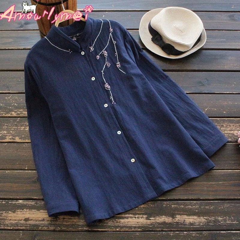 

Stand-Collar Long-sleeved Flower Embroidery Cotton Linen Blouse Mori Girl 2018 Spring New Women Shirt Plus Size Female Tops