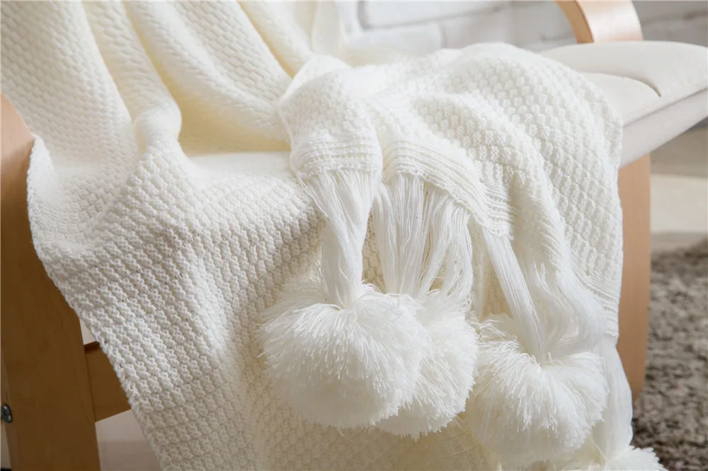 Кашемировое одеяло, вязаное одеяло, высокое качество, меховой шар, белое одеяло, 120*180 см, покрывало для дивана, cobertor, плед на кровать, покрывало