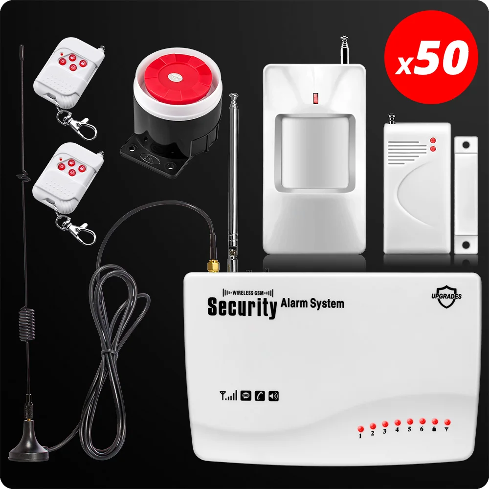 50pcs Wireless GSM Home Alarm System SMS Autodial Home Security System Intruder Russian/English Voice PIR Detector Door