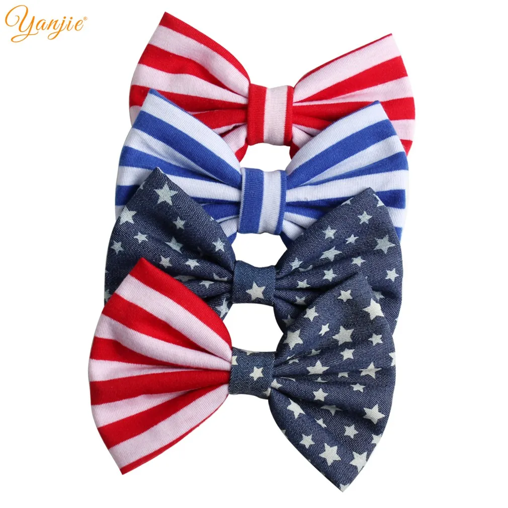 12pcs/lot 2022 New July 4th Girls 5'' Striped Cotton/Denim Hair Bow Kids Barrette DIY Hair Accessories For Kids Hair Clip