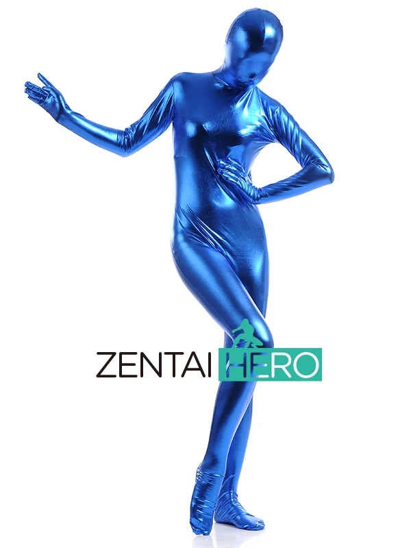 ZentaiHero сексуальный женский Королевский Синий блестящий металлический облегающий
