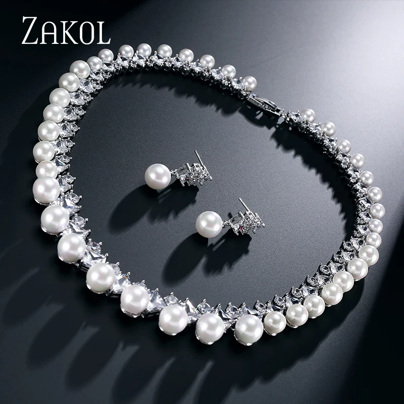 ZAKOL 2 Color Trendy Pure Freshwater Pearl Bridal Wedding Jewelry Sets with Top Quality AAA Cubic