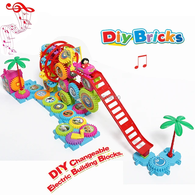 Interlocking Gears Toy Playset,DIY Changeable Bricks Electronic Building Gears Amusement park with music Educational Toys 1