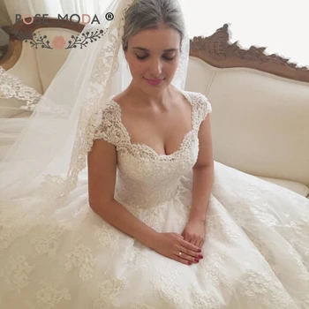 

Rose Moda Cap Sleeves Lace Princess Wedding Dress 2019 Chantilly Lace Ball Gown Custom Make