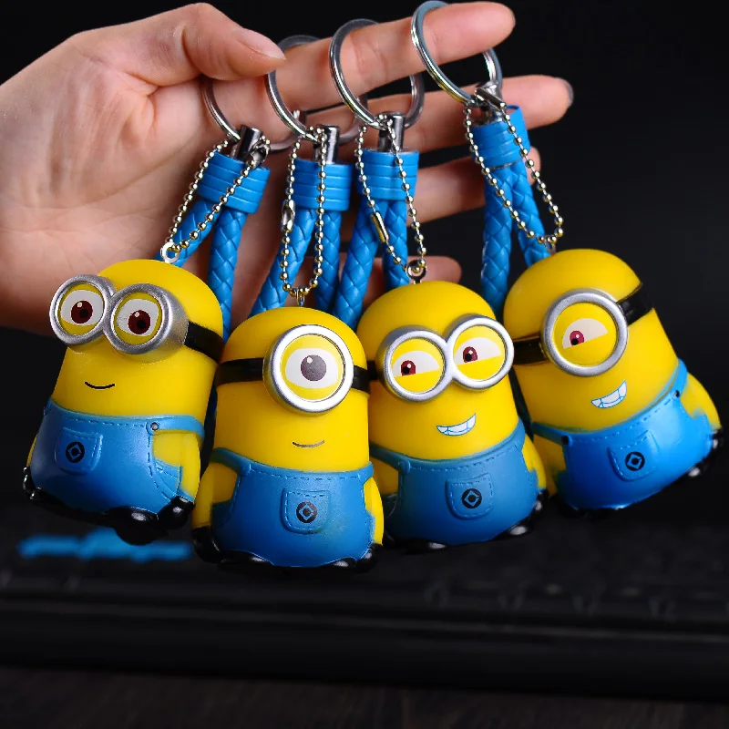 

Cute Minions Keychains Rabbit Fur Ball Fluffy Pom Pom Leather Rope Bells Key Chains Holder Kids Toy Gift Key Ring car key chain