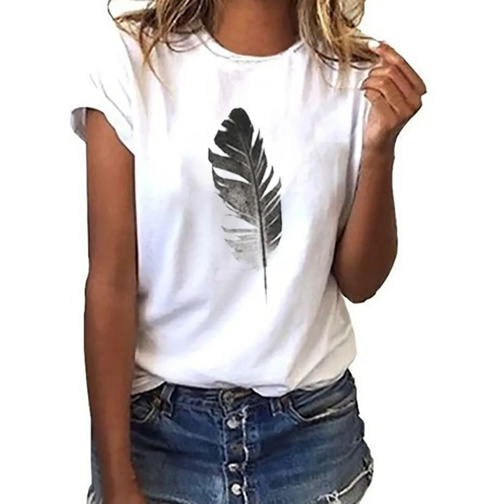 

2019 fashion ladies T-shirts Leaf Print Short Sleeve T-Shirt Casual wild top dames met mode Top sauvage decontracte T-Shirts
