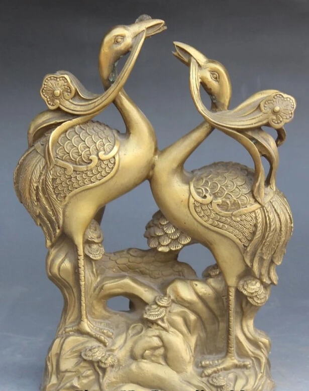 

002231 11" Chinese Bronze Carving Fengshui Folk Red-crowned crane Ru Yi Statue Pair