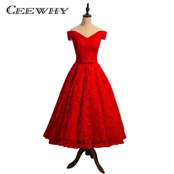 

CEEWHY Robe De Soiree Lace Short Evening Dresses Red Banquet Wedding Party Dress Boat Neck A-Line Prom Formal Dress Vestidos