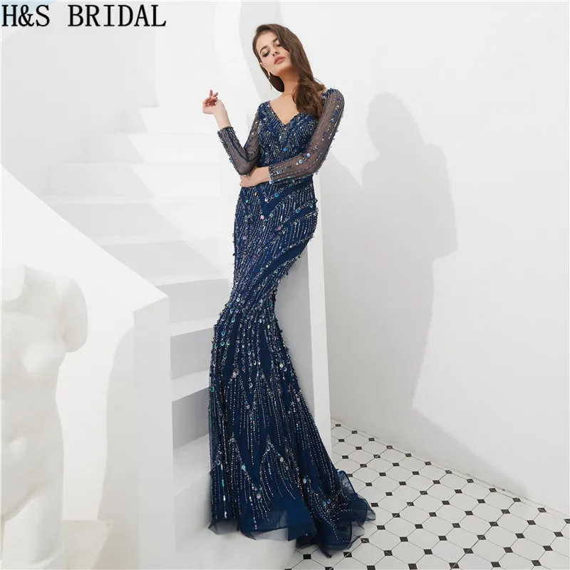 H & S свадебные винтаж темно синий вечернее платье с длинным рукавом блёстки торжественное Роскошные арабское платье Robe De Soiree 2018