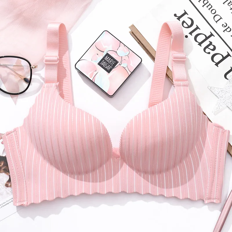 Fashion Stripes Seamless Push Up Bra Women's Underwear 3/4 Cup Wire Free Adjustable Female Bra Bralette - Цвет: Pink