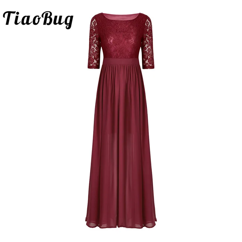 

TiaoBug Women Half Sleeves Embroidery Lace Floral Long Chiffon Dresses Ladies Front Slit Wedding Evening Party Full Formal Dress