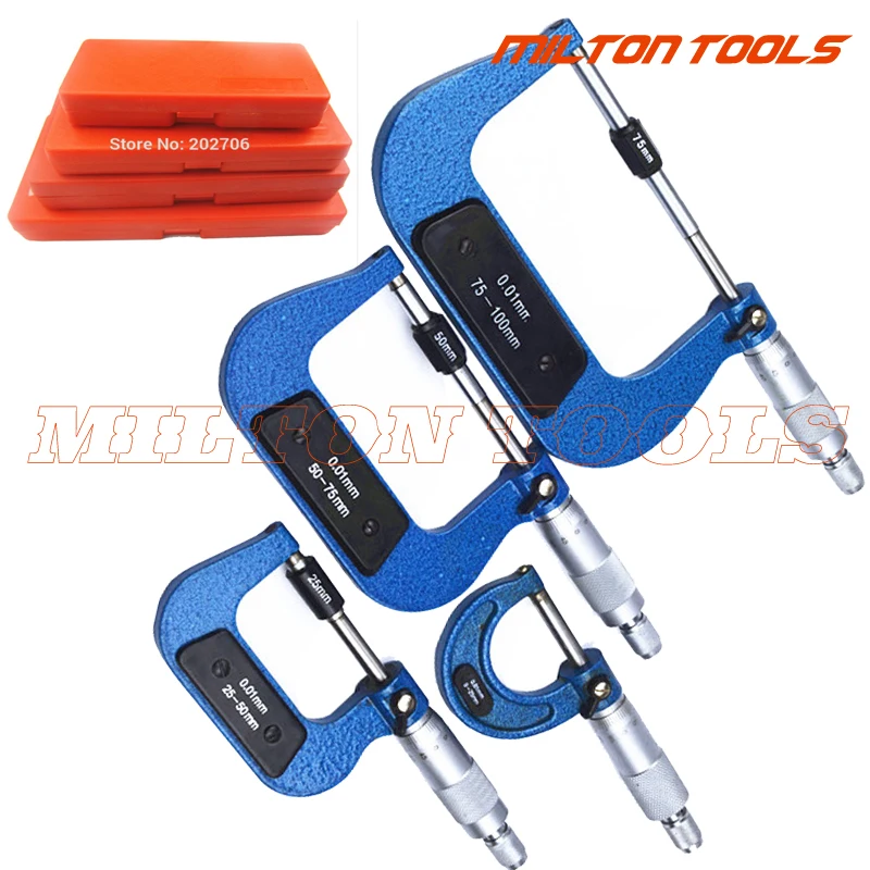 

0-100mm Outside Micrometers measuring tools caliper thickness gauge 0-25mm, 25-50mm, 50-75mm, 75-100mm micrometer 4pcs/set