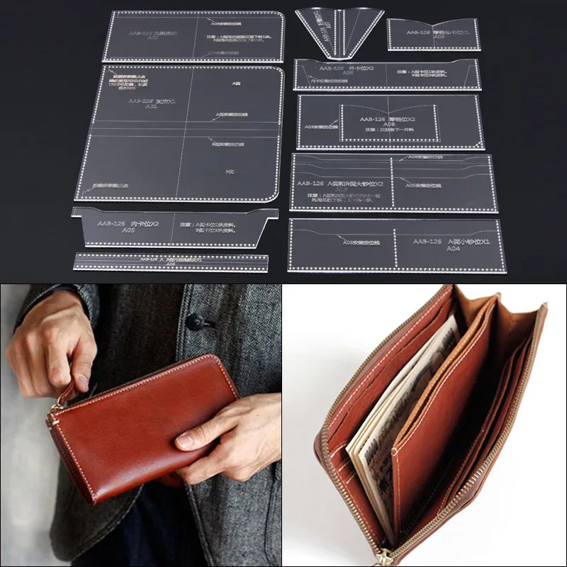 

Durable Acrylic Wallet Leather Template DIY Leathercraft Long Zip Wallet Purse Stencil Sewing Pattern 20*10*1.5cm