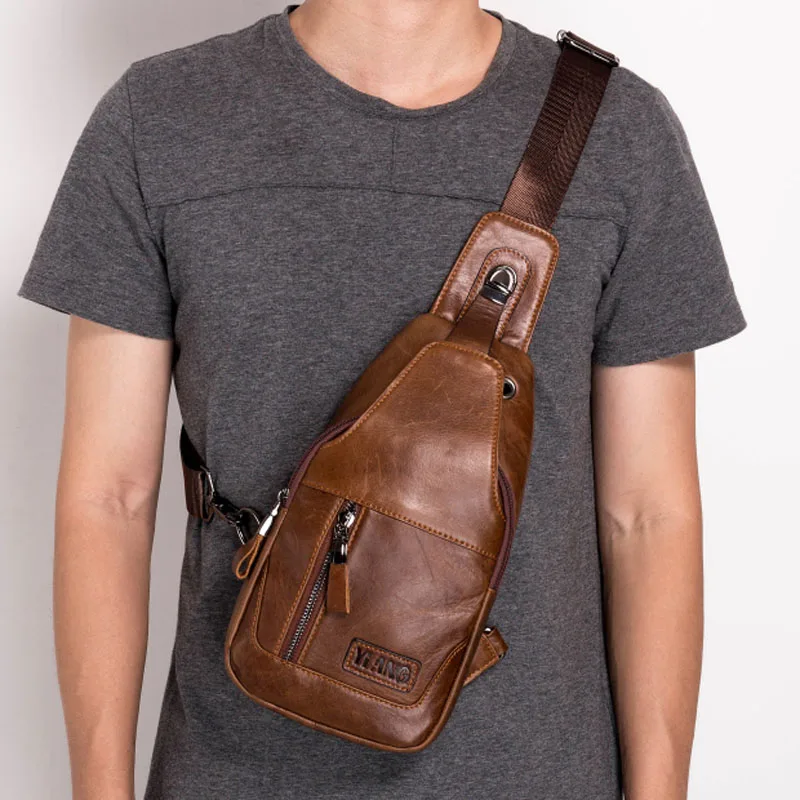 

Men Genuine Leather Cowhide Vintage Sling Chest Bags Travel Riding Hiking Casual Fashion Messenger Single Shoulder Bag Back Pack