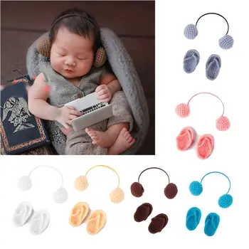 

NewBorn Photography Props Hand Crochet Baby Slippers +Headset Set Baby Photo Props Shoes Photography Accessories