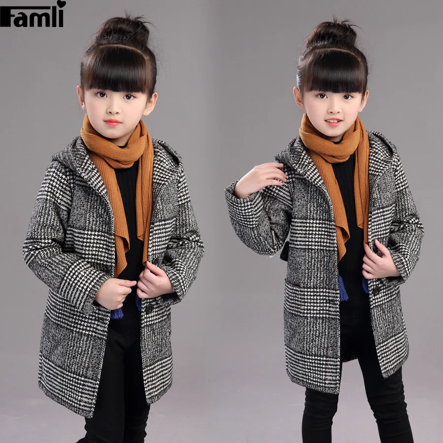 

Famli Baby Girl Plaid Long Coat Winter Kids Warm Jacket Children Fashion Full Sleeve Hooded Thick Wool Outerwear
