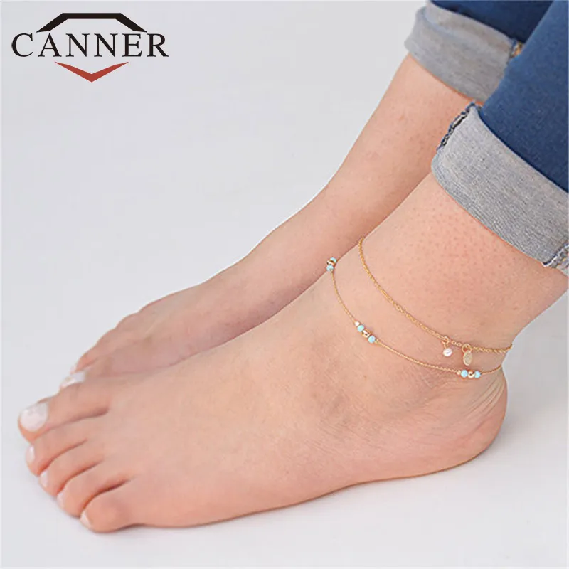 CANNER Bohemia 2 Pcs/set Colorful Beads Imitation Pearls Anklet Bracelet Fashion Gold Color Women Anklets TW