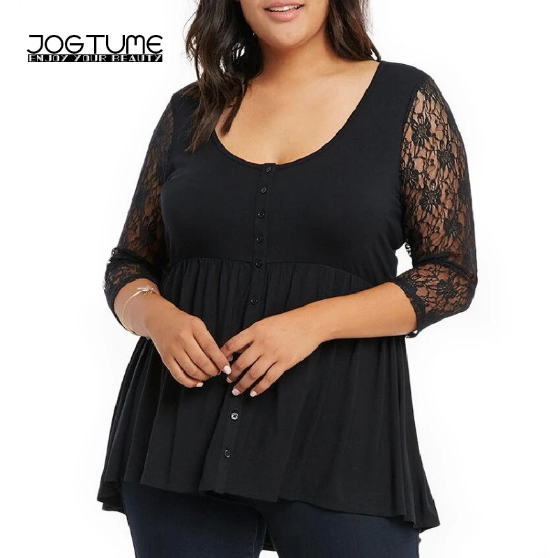 

JOGTUME 2017 Spring Summer 6XL Purple/Black/Blue Casual Women Large Size Blouse with Lace Sleeve,Fashion Woman Plus Size Tops