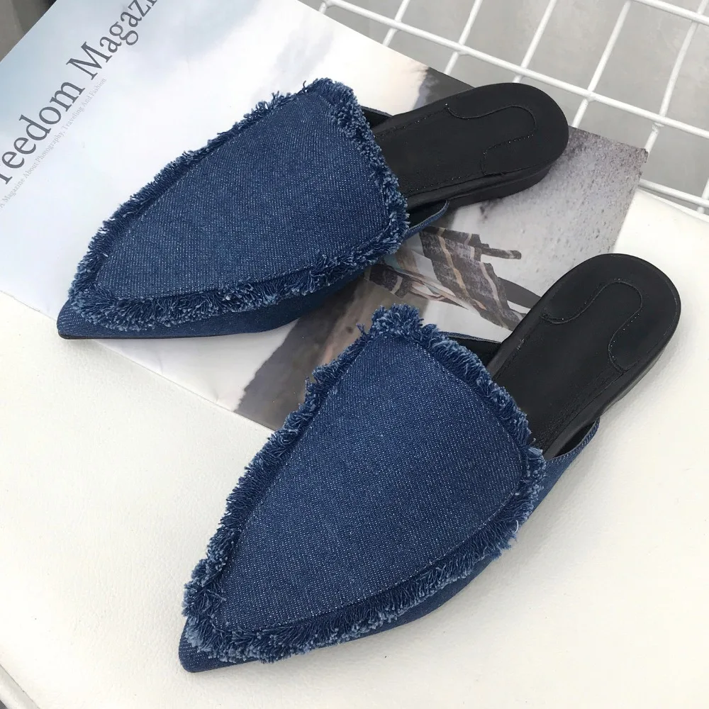 Women Denim Fringe Slides Flat Heel Slippers Pointed Toe Summer Mules Black Blue-in Slippers 