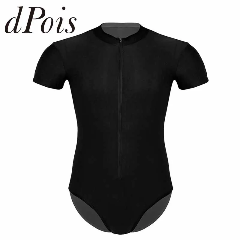 

Mens One-piece Round Neck Short Sleeves Front Zipper High Cut Stretch Gymnastics Leotard Ballet Dance Leotard Bodysuit Swimwear