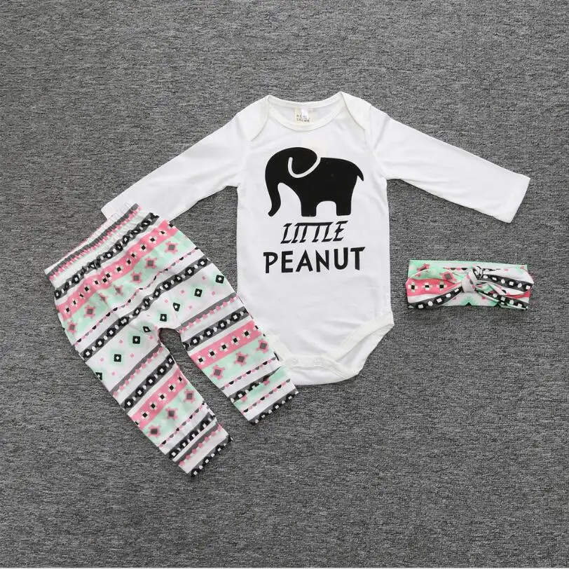 

New casual newborn baby girls clothing set long sleeve printed cute elephant t-shirt + print pants +Headband  3pcs suits