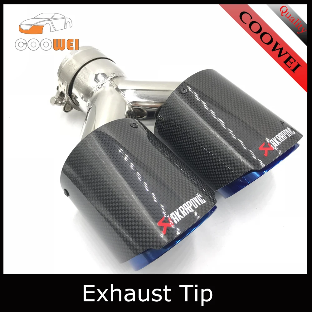 

1PCS Ak Glossy Carbon Fiber + 304 Stainless Steel Universal Dual tail tip Exhaust Pipe blue End tail tip