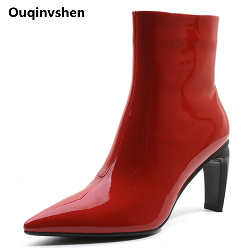 

Ouqinvshen Pointed Toe Red Red Shoes Woman Plus Size 34-42 Strange Style Genuine Leather Women Pumps Fashion Zipper Ankle Boots