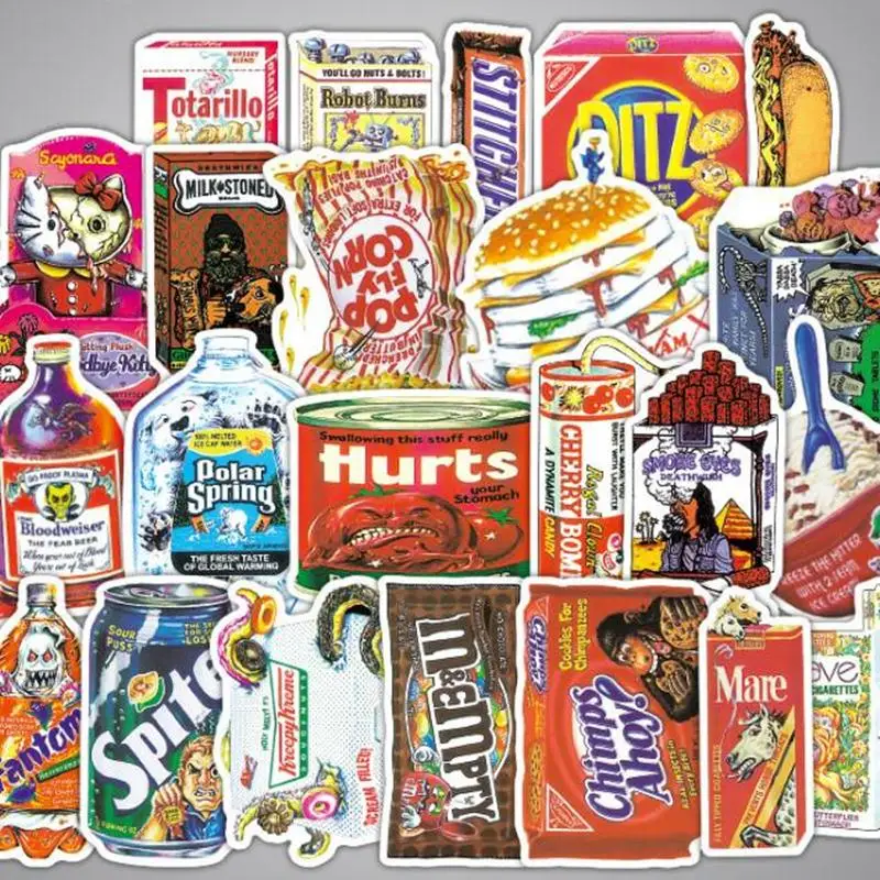 

38pcs/Lot Cool Funny Cartoon Food Brand Graffiti Stickers Scrapbooking Skateboard Waterproof PVC Laptop Luggage Stickers Pack